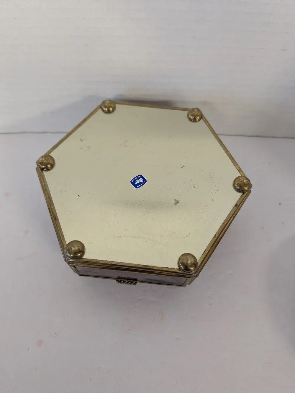 Vintage Hexagonal Purple Glass Jewelry Box with Etched Mirror Lid